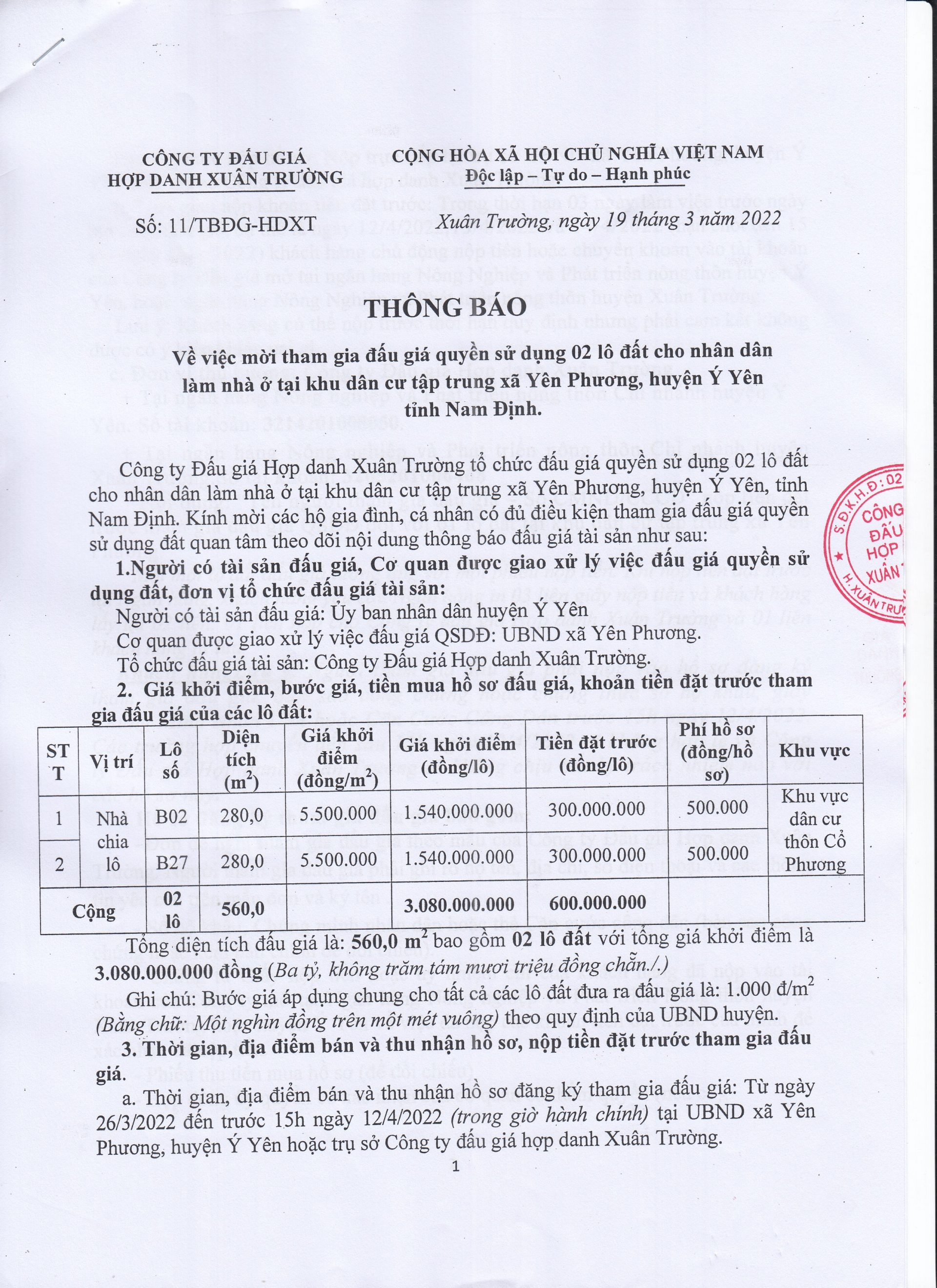 Thông báo đấu giá QSDĐ tại KDC TT xã Yên Phương, huyên Ý Yên, tỉnh Nam Định