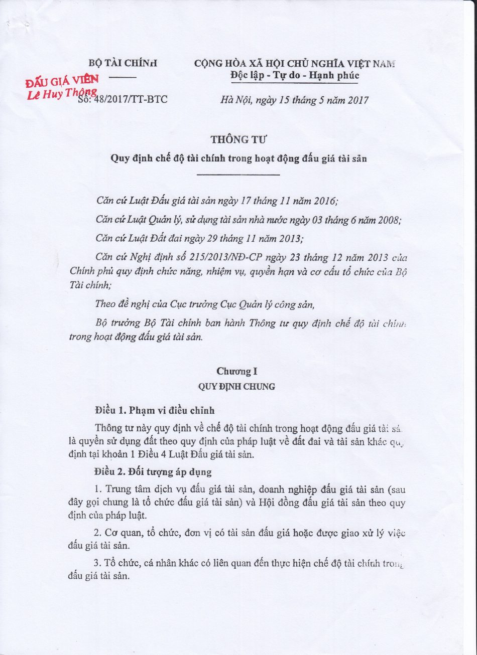 Thông tư số 48/2017/TT-BTC ngày 15/05/2017 quy định chế độ tài chính trong hoạt động đấu giá tài sản.